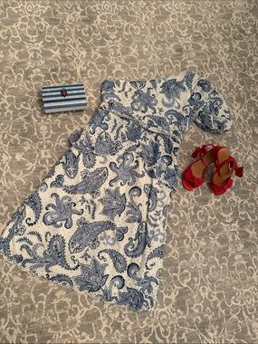 FARM Rio White and Blue Paisley Midi Dress